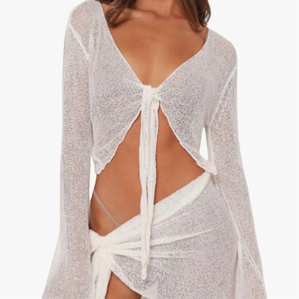 Roseseek Women's White Mesh 2 Piece Cover-Up Set Size Large  Beachwear